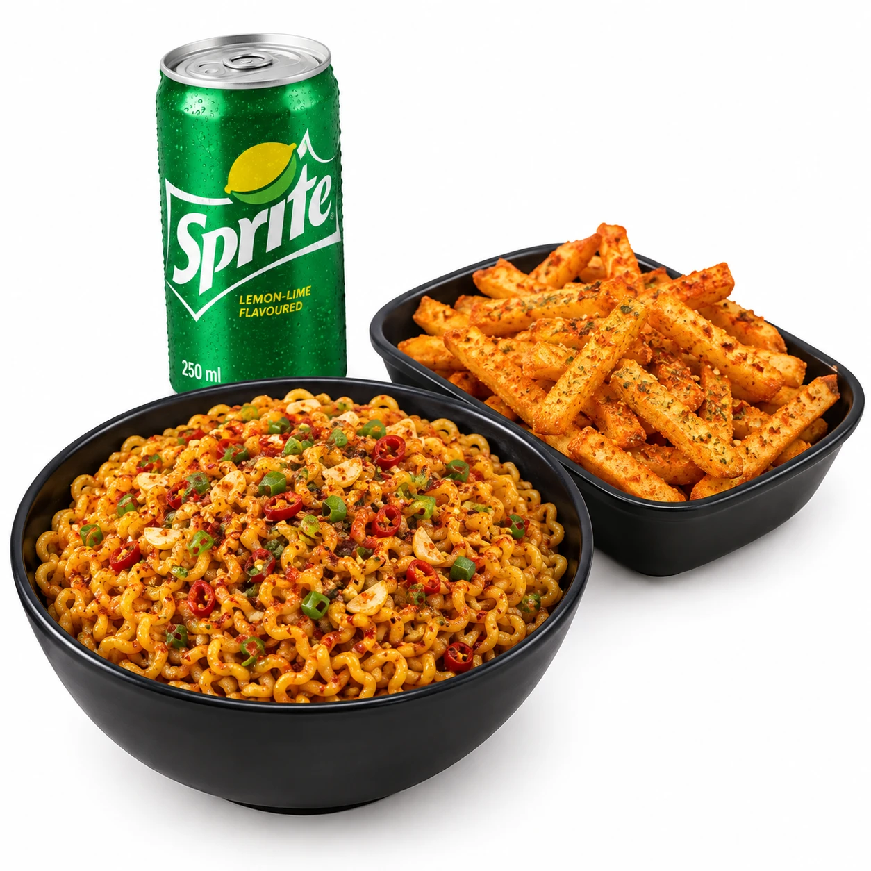 Chilli Garlic Maggi With Peri Peri Fries + Sprite (250ml)