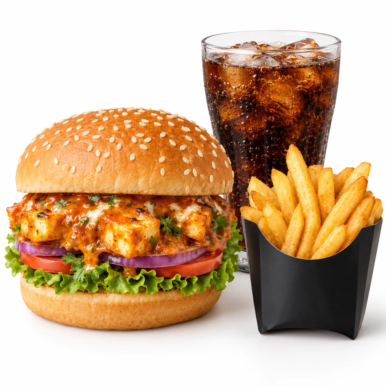 Makhni paneer burger with coke +fries