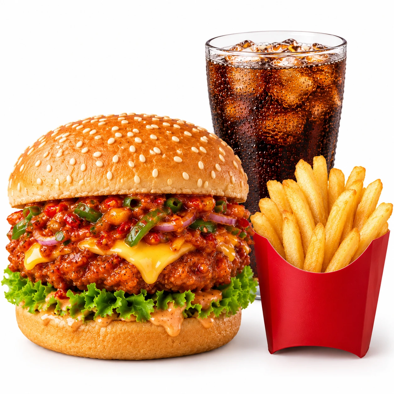 schezwan chicken burger with coke +fries