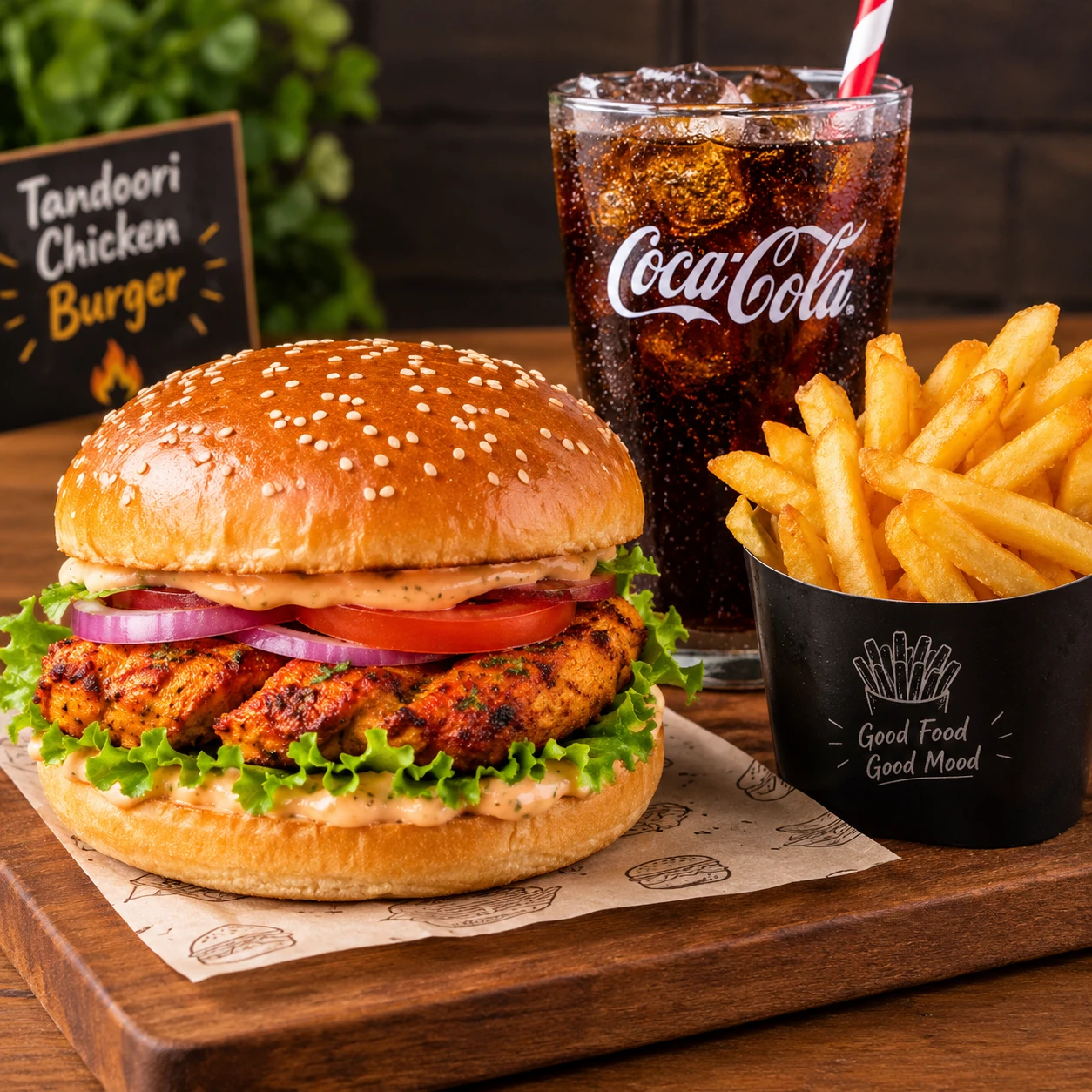 tandoori chicken burger with coke +fries