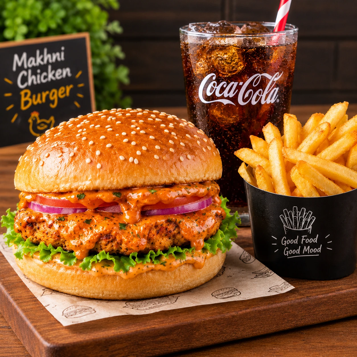 makhni chicken burger with coke +fries