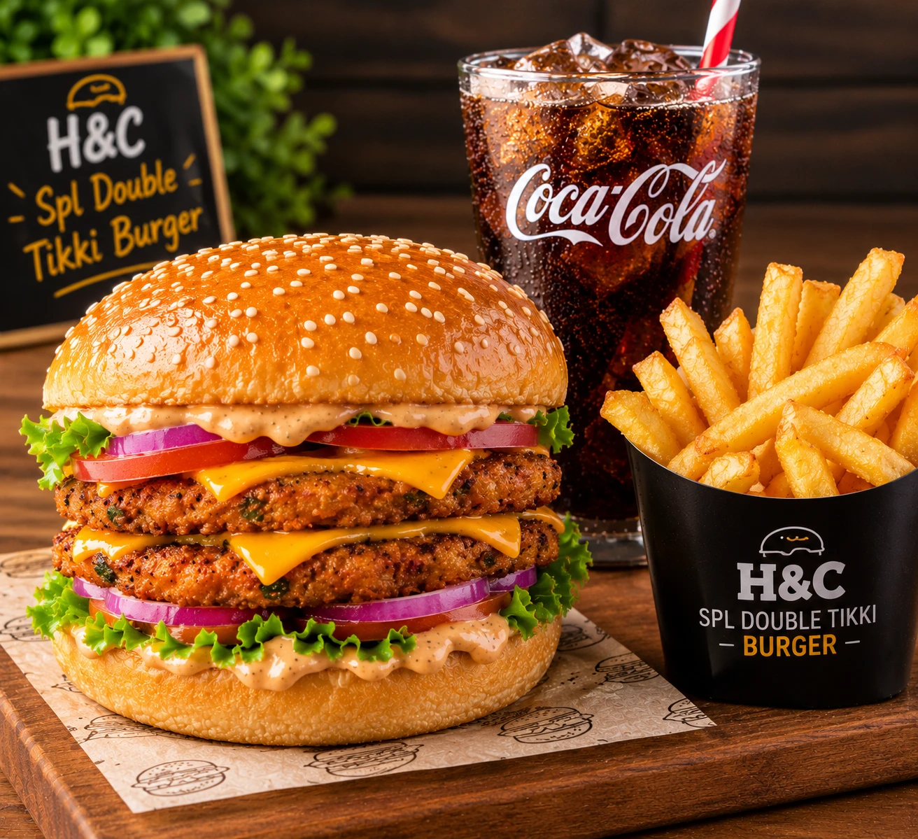 H&C spl double tikki burger with coke +fries