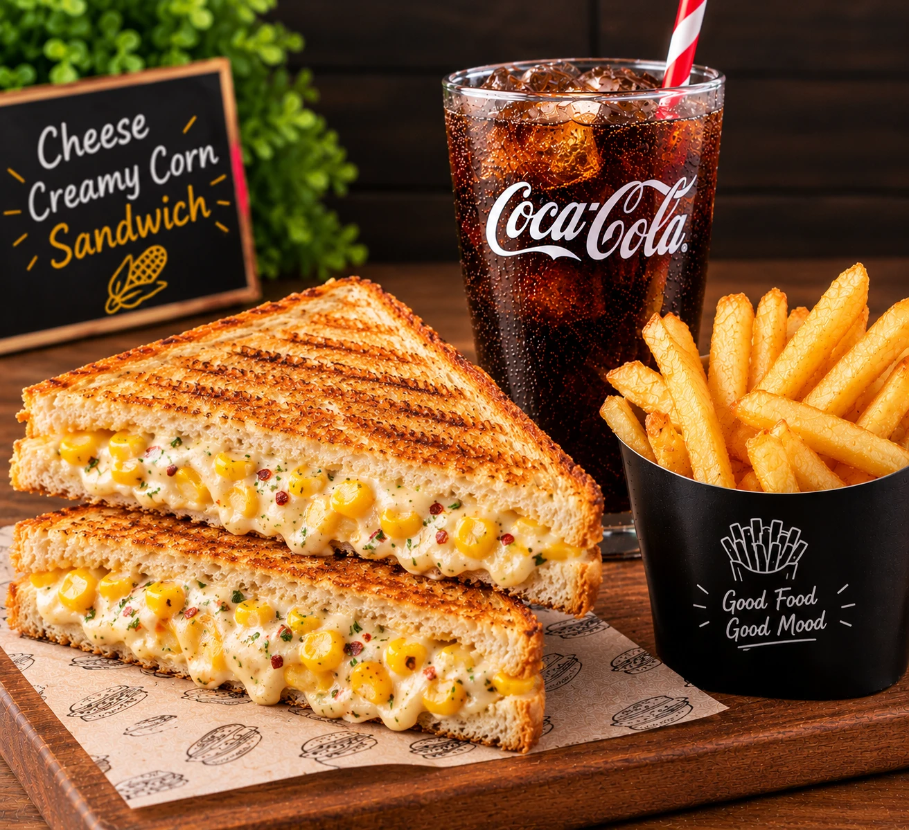 cheese creamy corn sandwich with coke +fries
