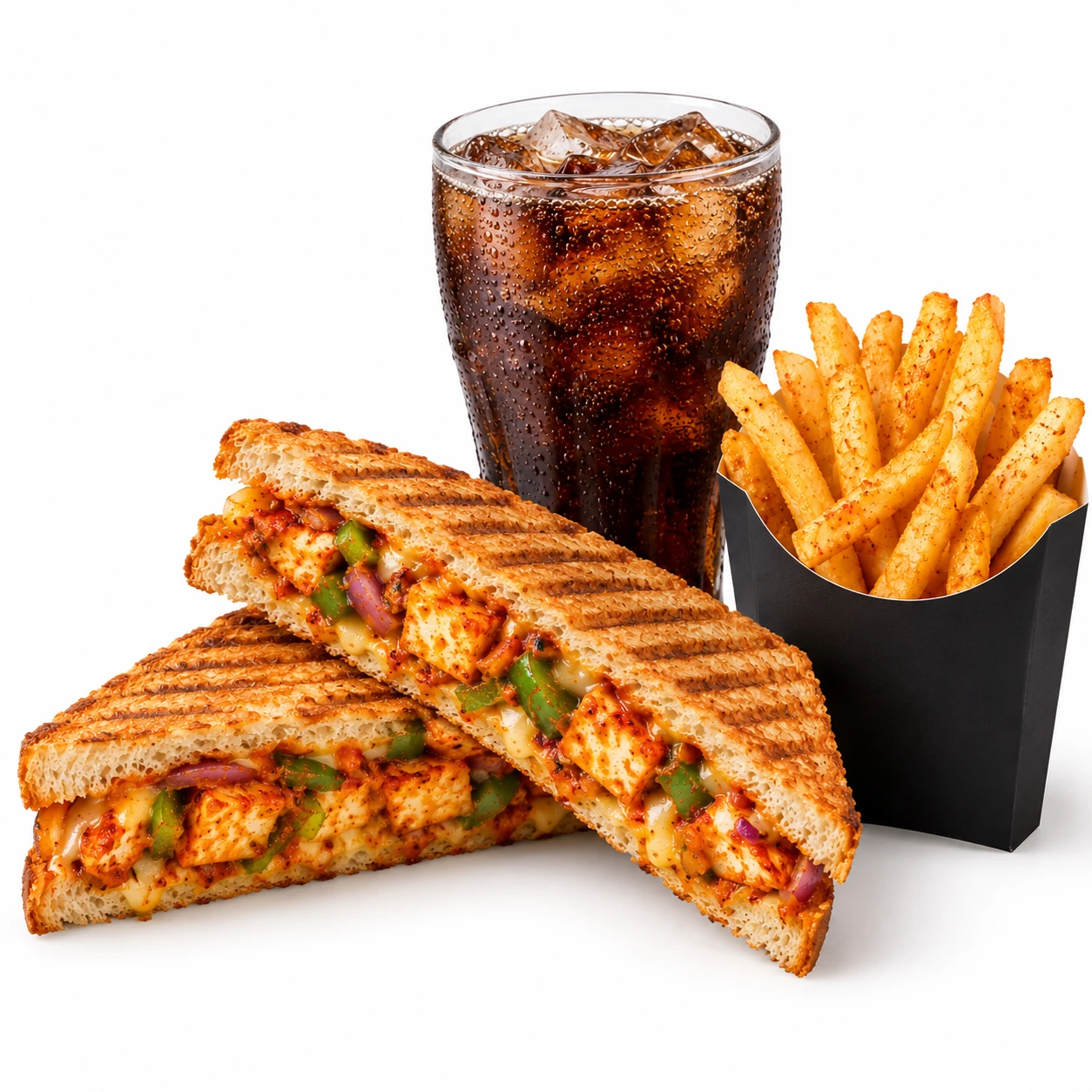 veg tandoori paneer grilled sandwich with coke +fries