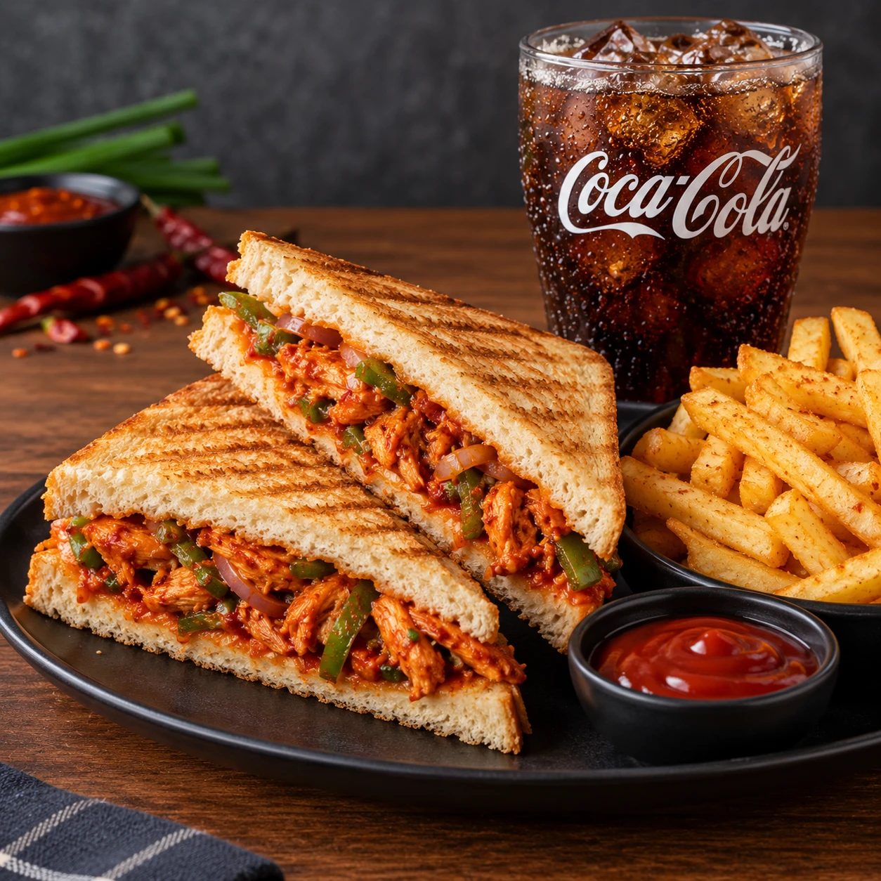schezwan chicken sandwich with coke +fries