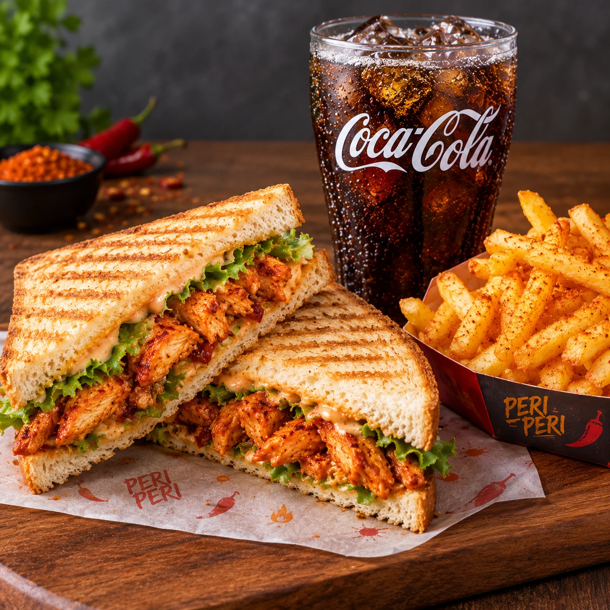 peri peri chicken sandwich with coke +fries