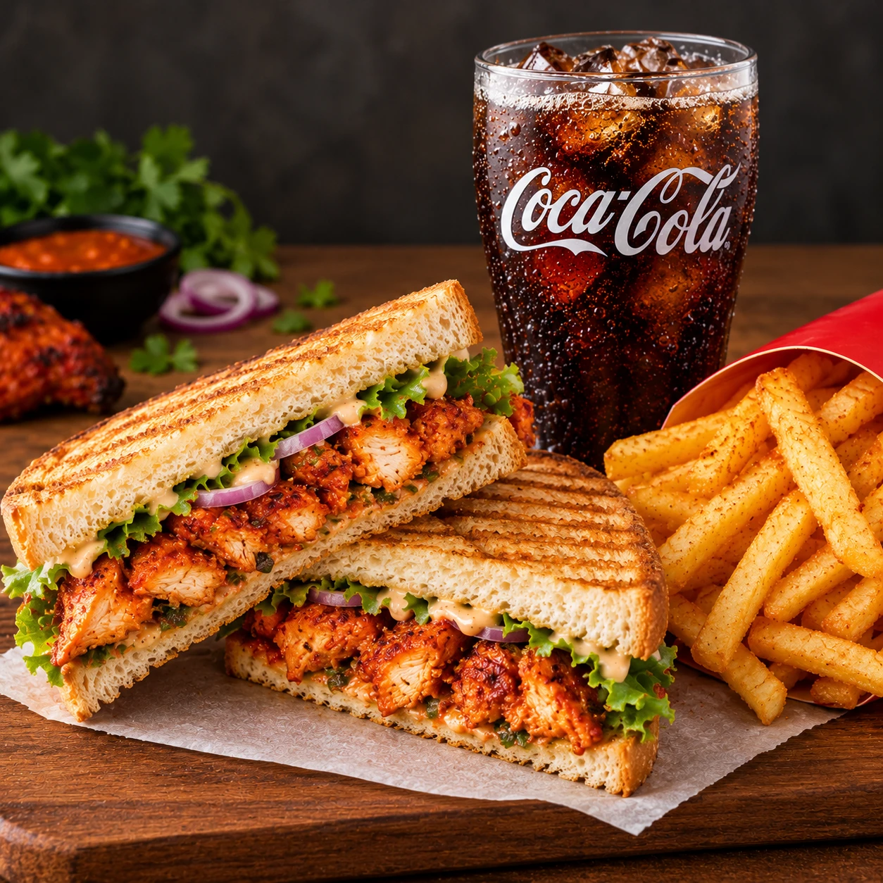 tandoori  chicken sandwich with coke +fries