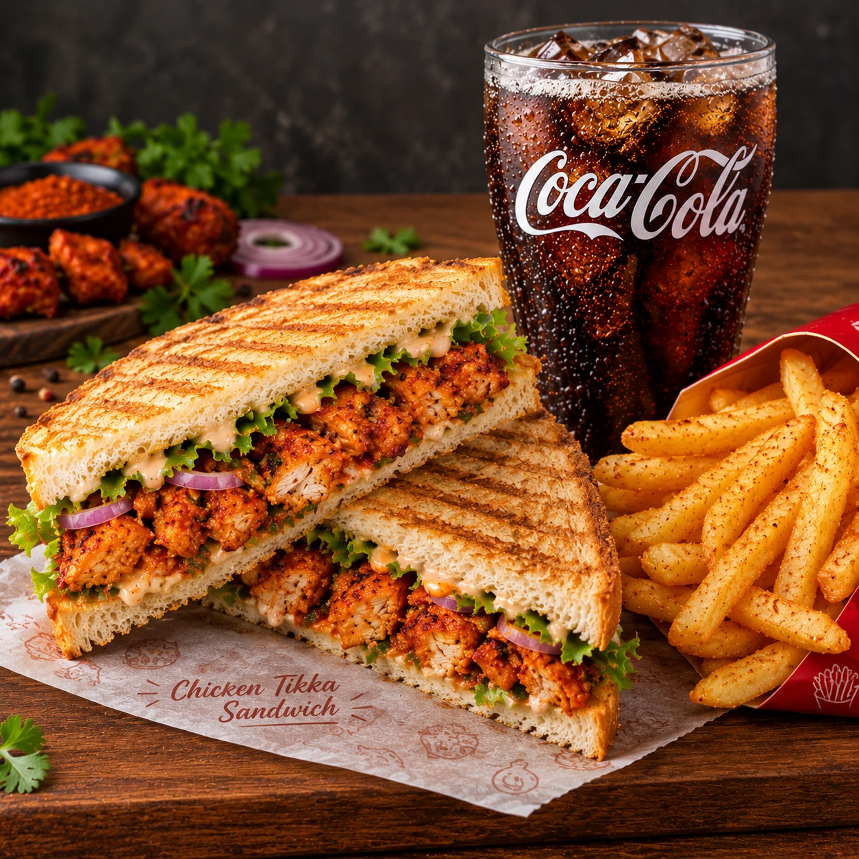 chicken tikka sandwich with coke +fries