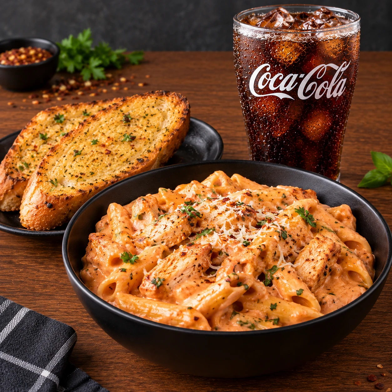 pink sauce chicken pasta with bread+coke