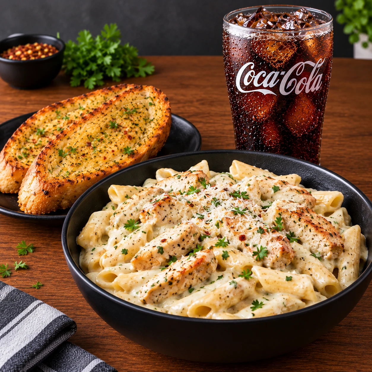 white sauce chicken pasta with bread+coke