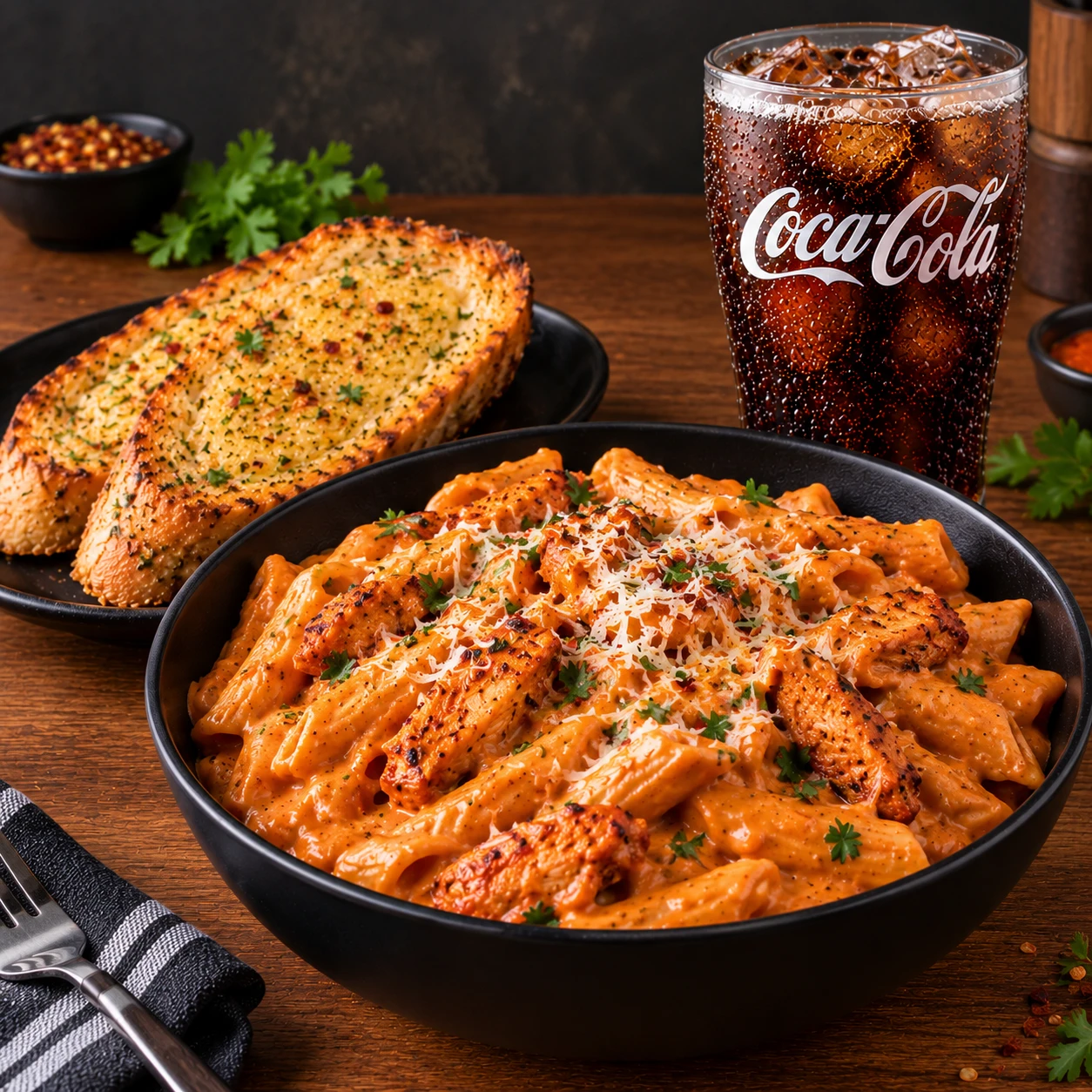 tandoori sauce chicken pasta with bread+coke