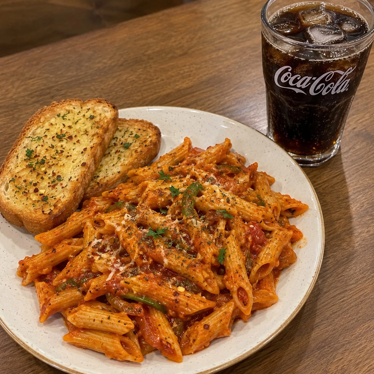 Red sauce pasta with bread+coke