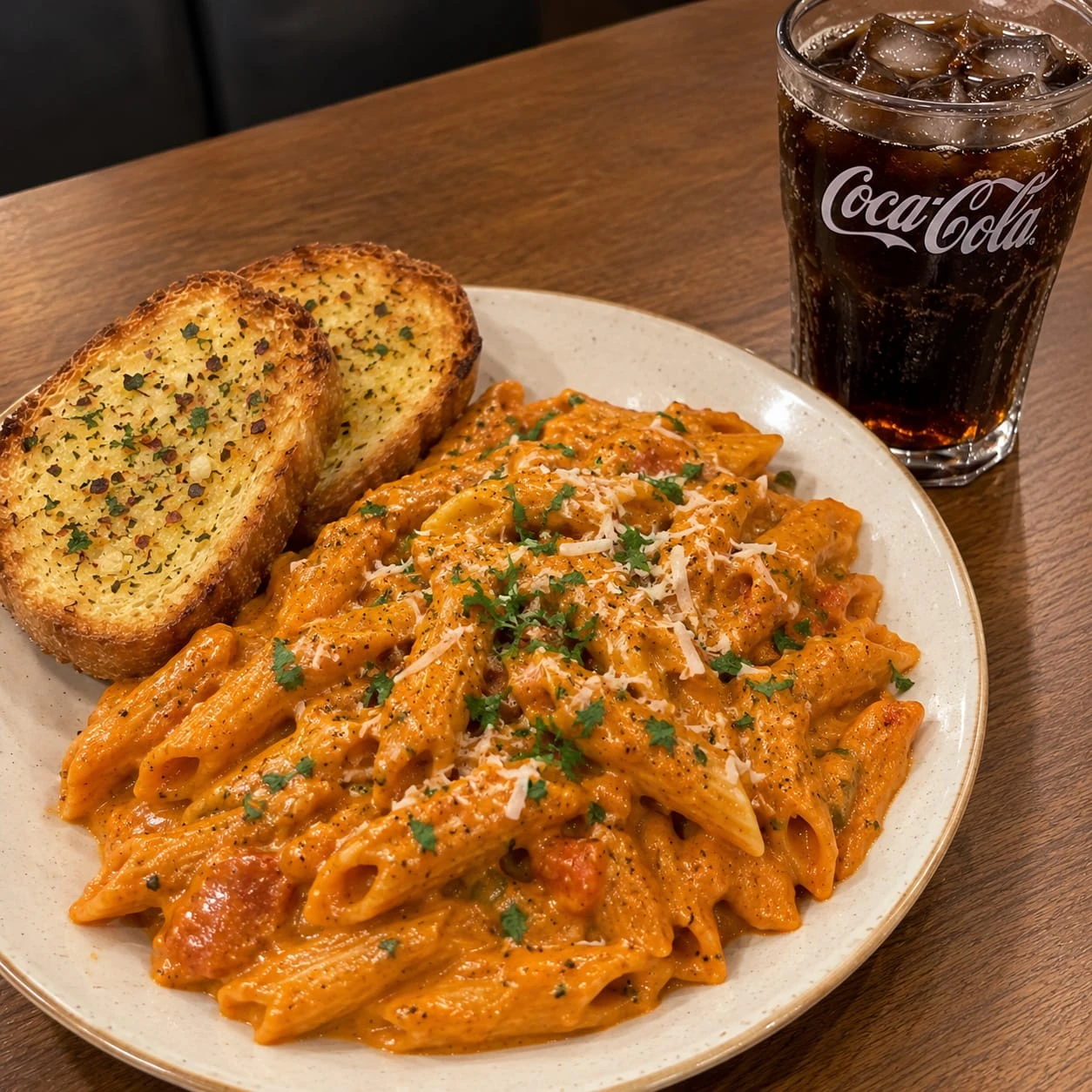makhni sauce pasta with bread +coke