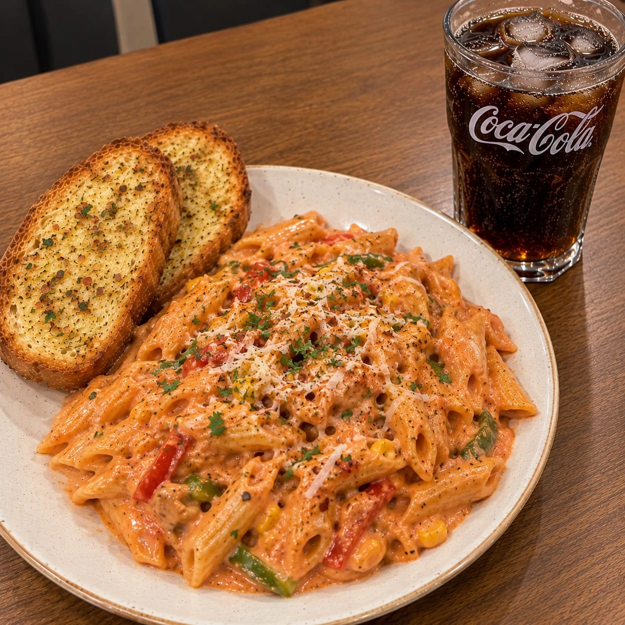 tandoori sauce pasta with bread+coke