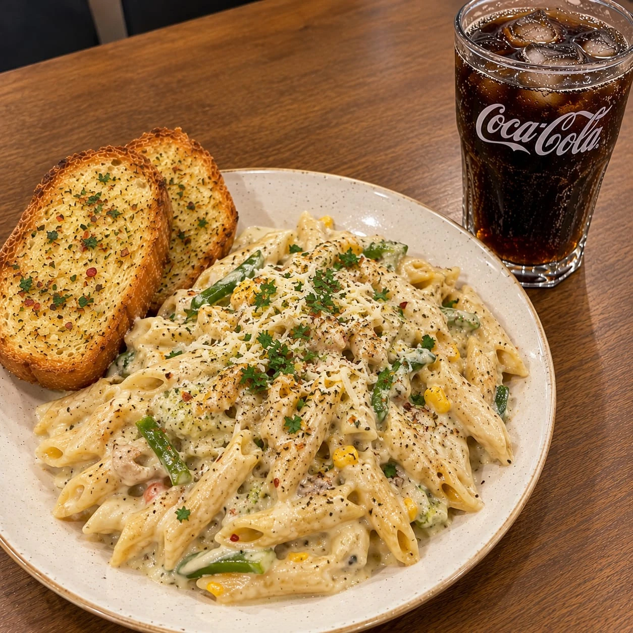 white sauce pasta with bread+coke
