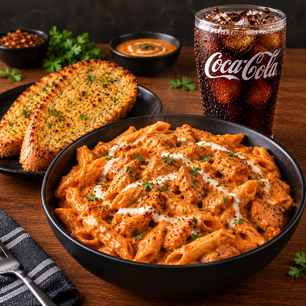 makhni sauce  chicken pasta with bread +coke