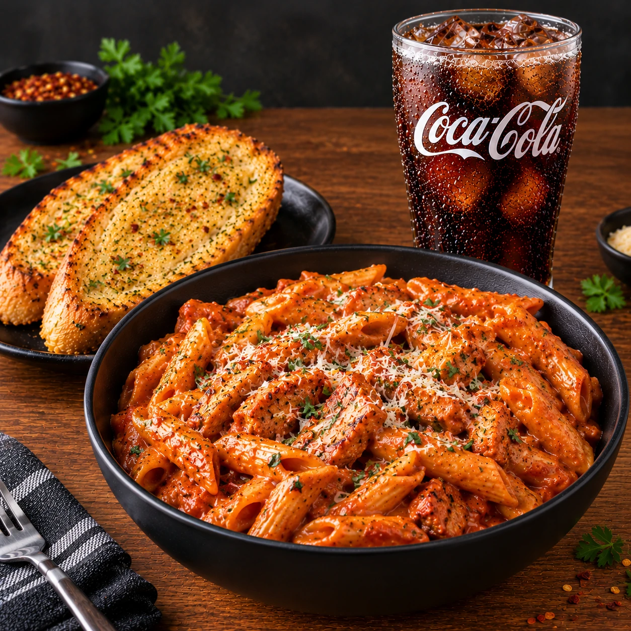 Red sauce chicken pasta with bread+coke