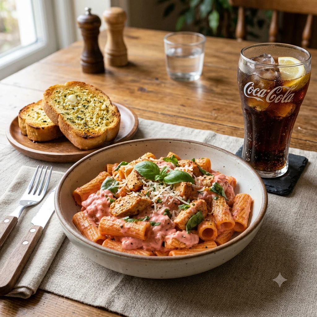 pink sauce pasta with bread+coke