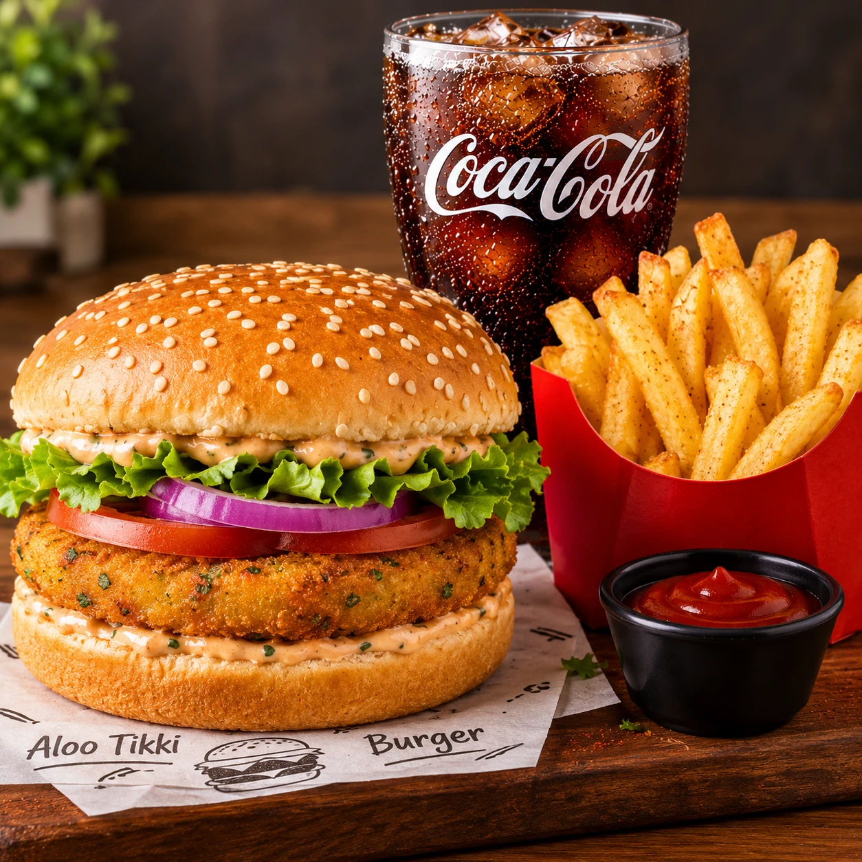 Aloo Tikki burger with coke +fries