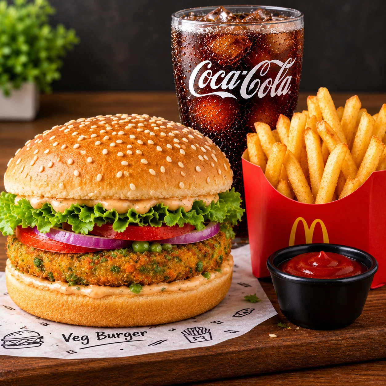 Veg burger with coke +fries